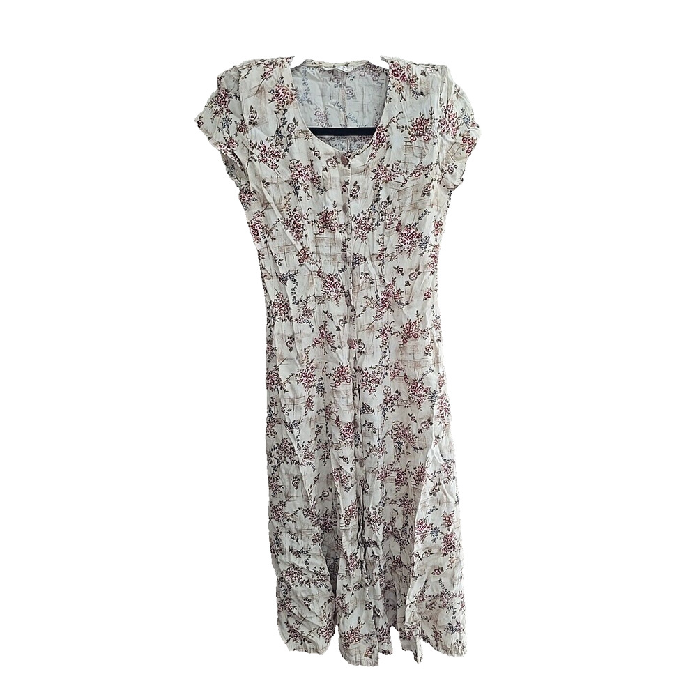 VTG Cottagecore Prairie Tan Floral Print Button Front Short Sleeve Dress Small‎